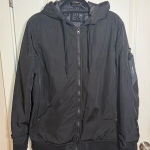 Ninth Hall Men’s Sz M Hooded Bomber Jacket Black Zip Up Ribbed Cuffs Streetwear